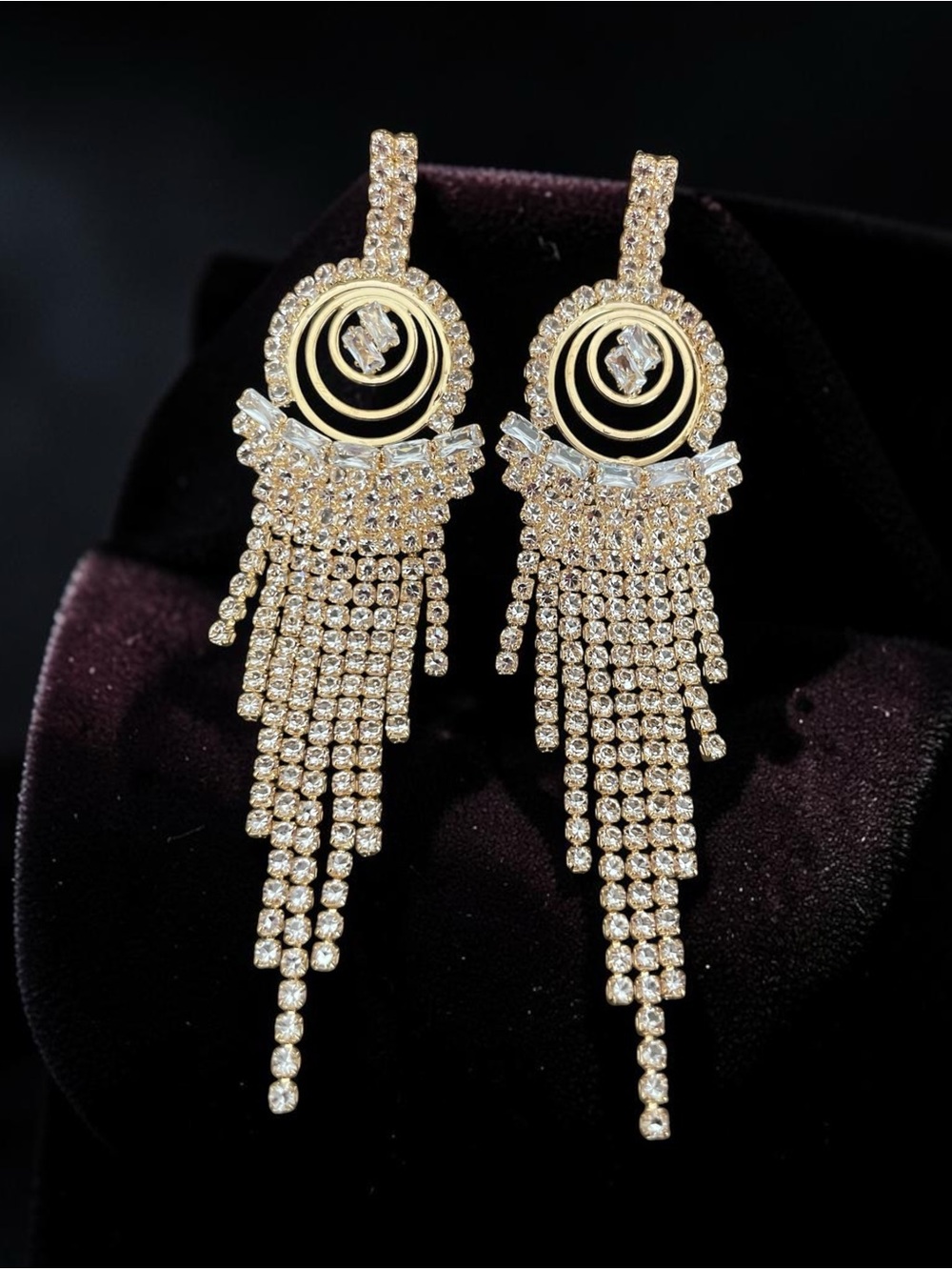 Gold Rhinestone Crystal Fringe Drop Earrings